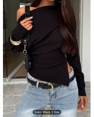 IAEY Solid Color Asymmetrical Long Sleeve Split Off-Shoulder Elegant Basic Casual Versatile
