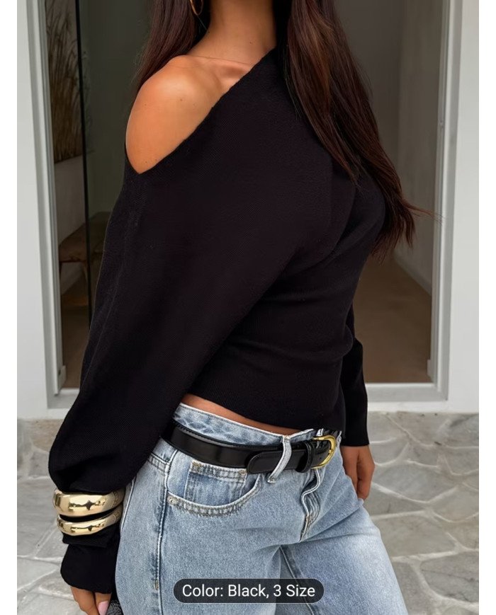 IAEY Solid Color Asymmetrical Long Sleeve Split Off-Shoulder Elegant Basic Casual Versatile