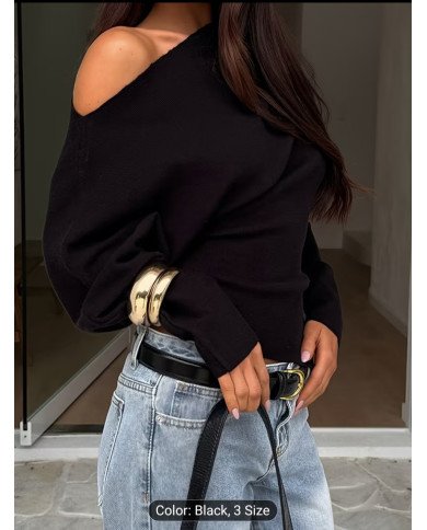 IAEY Solid Color Asymmetrical Long Sleeve Split Off-Shoulder Elegant Basic Casual Versatile