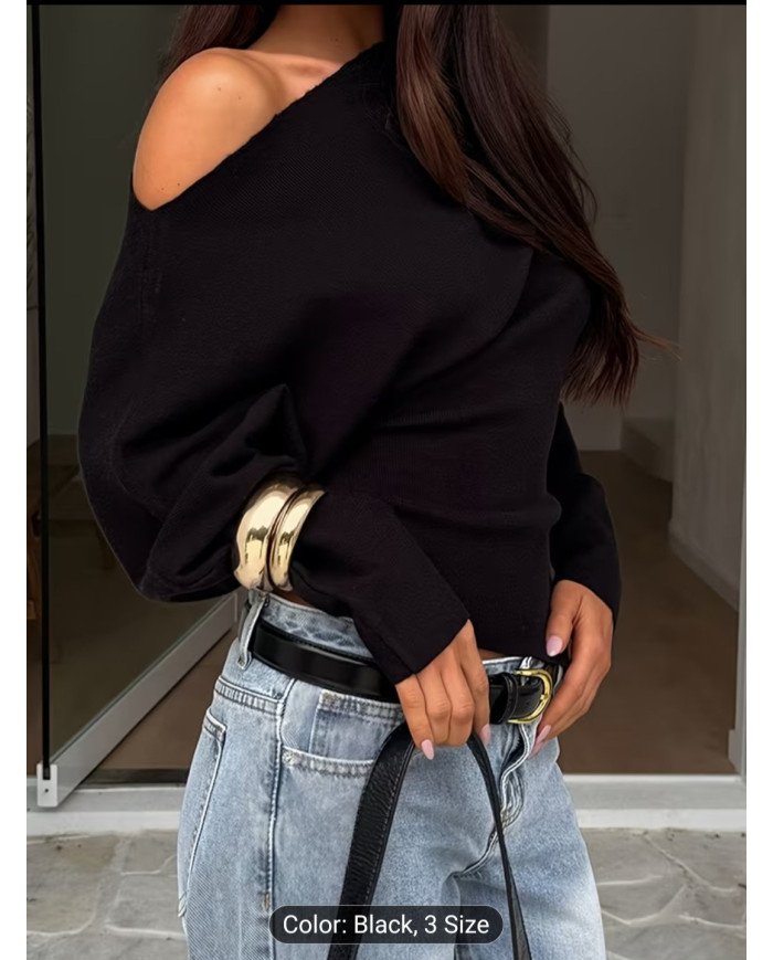 IAEY Solid Color Asymmetrical Long Sleeve Split Off-Shoulder Elegant Basic Casual Versatile
