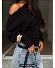 IAEY Solid Color Asymmetrical Long Sleeve Split Off-Shoulder Elegant Basic Casual Versatile