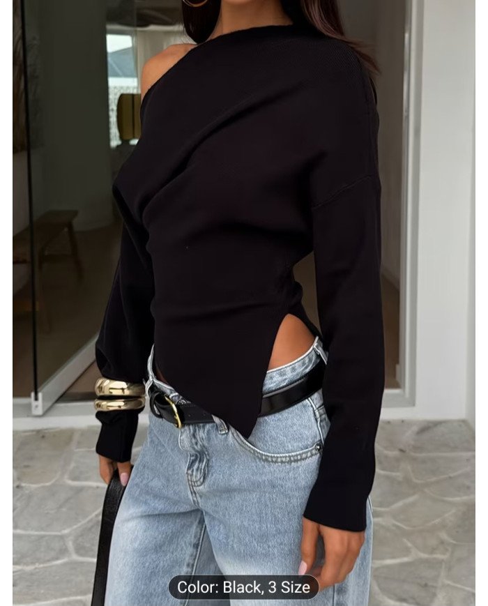 IAEY Solid Color Asymmetrical Long Sleeve Split Off-Shoulder Elegant Basic Casual Versatile