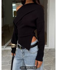 IAEY Solid Color Asymmetrical Long Sleeve Split Off-Shoulder Elegant Basic Casual Versatile
