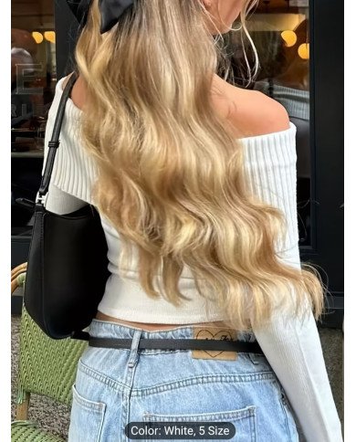 Ladies' white off-the-shoulder long-sleeved sweater, elastic slim and simple casual sweater.