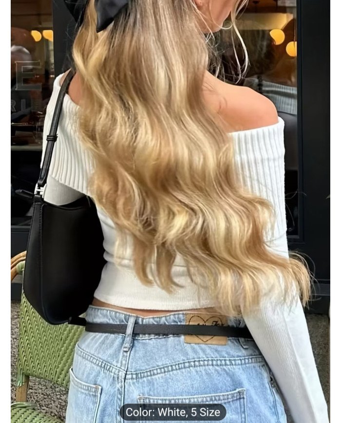 Ladies' white off-the-shoulder long-sleeved sweater, elastic slim and simple casual sweater.