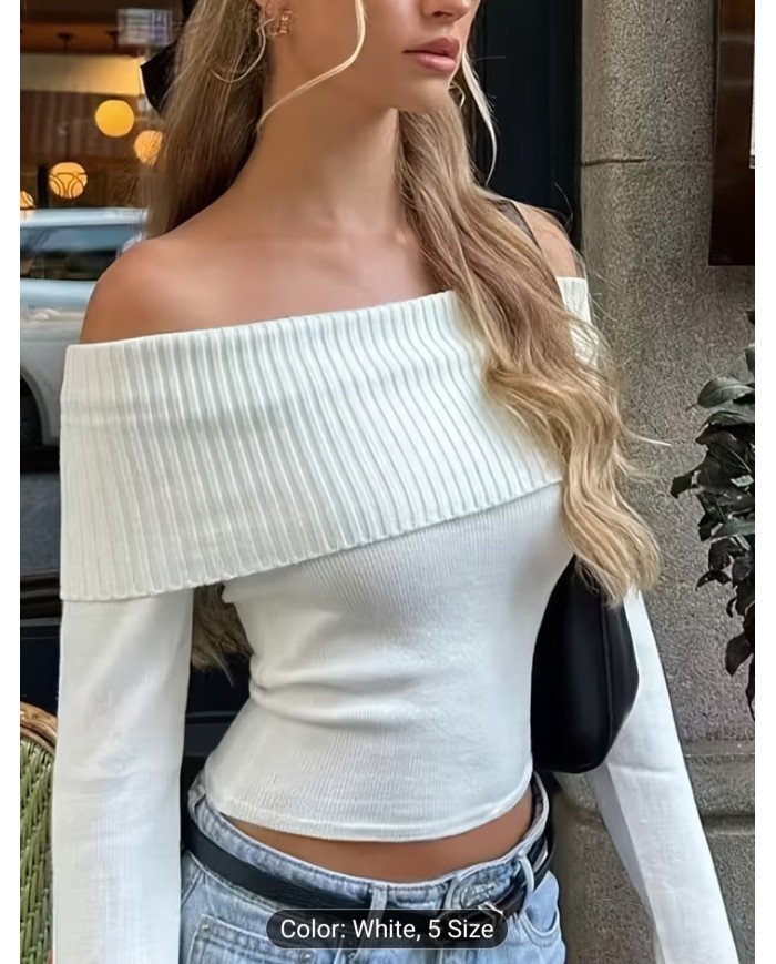 Ladies' white off-the-shoulder long-sleeved sweater, elastic slim and simple casual sweater.