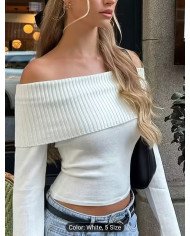 Ladies' white off-the-shoulder long-sleeved sweater, elastic slim and simple casual sweater.