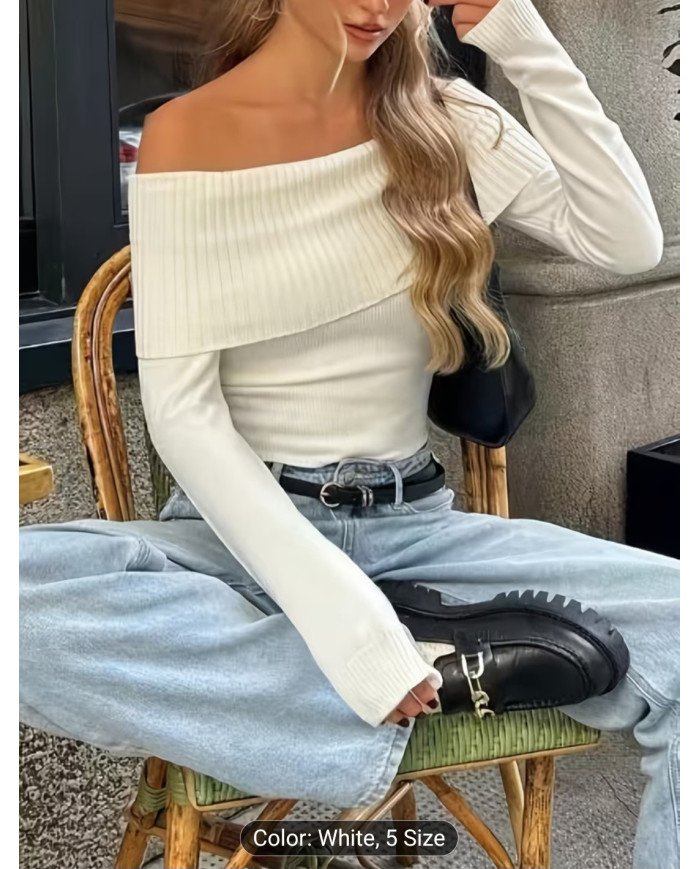 Ladies' white off-the-shoulder long-sleeved sweater, elastic slim and simple casual sweater.