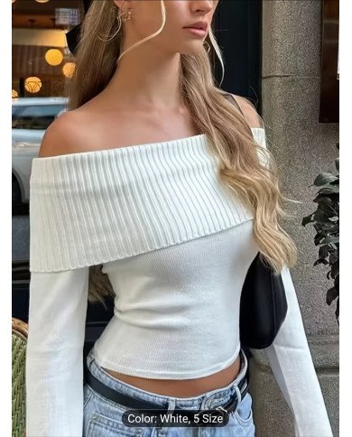 Ladies' white off-the-shoulder long-sleeved sweater, elastic slim and simple casual sweater.