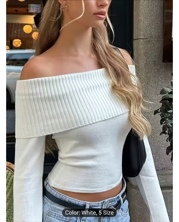 Ladies' white off-the-shoulder long-sleeved sweater, elastic slim and simple casual sweater.