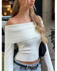 Ladies' white off-the-shoulder long-sleeved sweater, elastic slim and simple casual sweater.