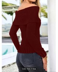 New Solid Color Off-Shoulder Ribbed Top for Women, Fitted And Stylish for Spring And Autumn