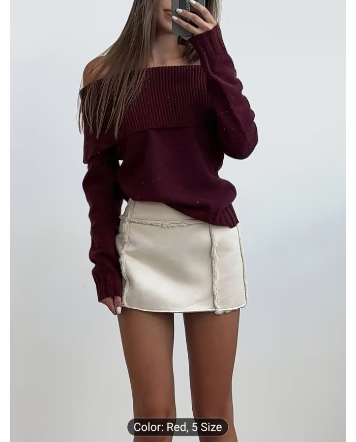 New Solid Color Off-Shoulder Ribbed Top for Women, Fitted And Stylish for Spring And Autumn