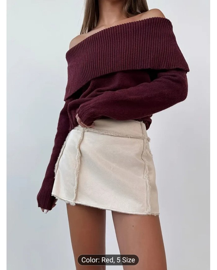 New Solid Color Off-Shoulder Ribbed Top for Women, Fitted And Stylish for Spring And Autumn