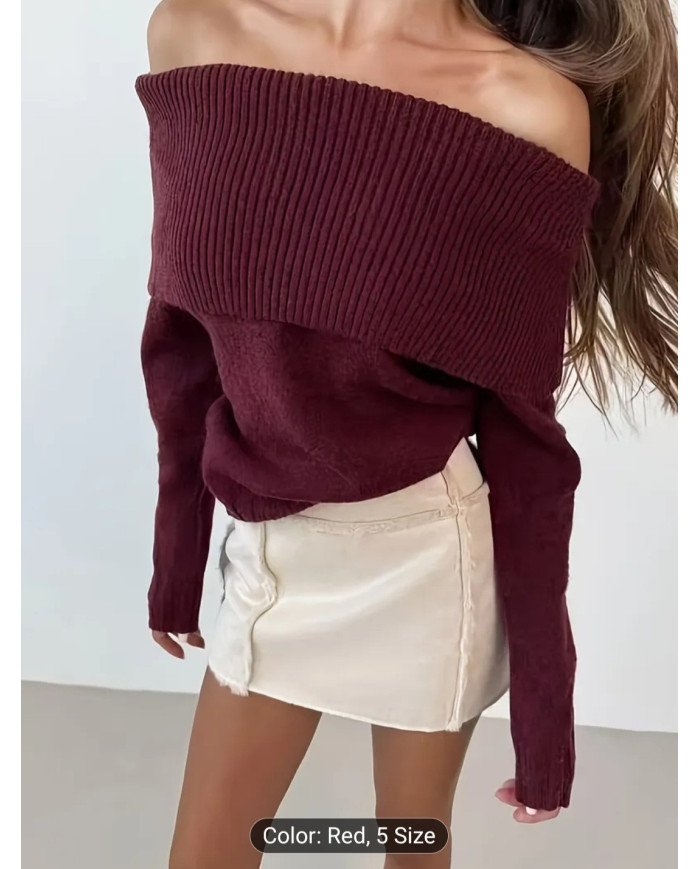 New Solid Color Off-Shoulder Ribbed Top for Women, Fitted And Stylish for Spring And Autumn