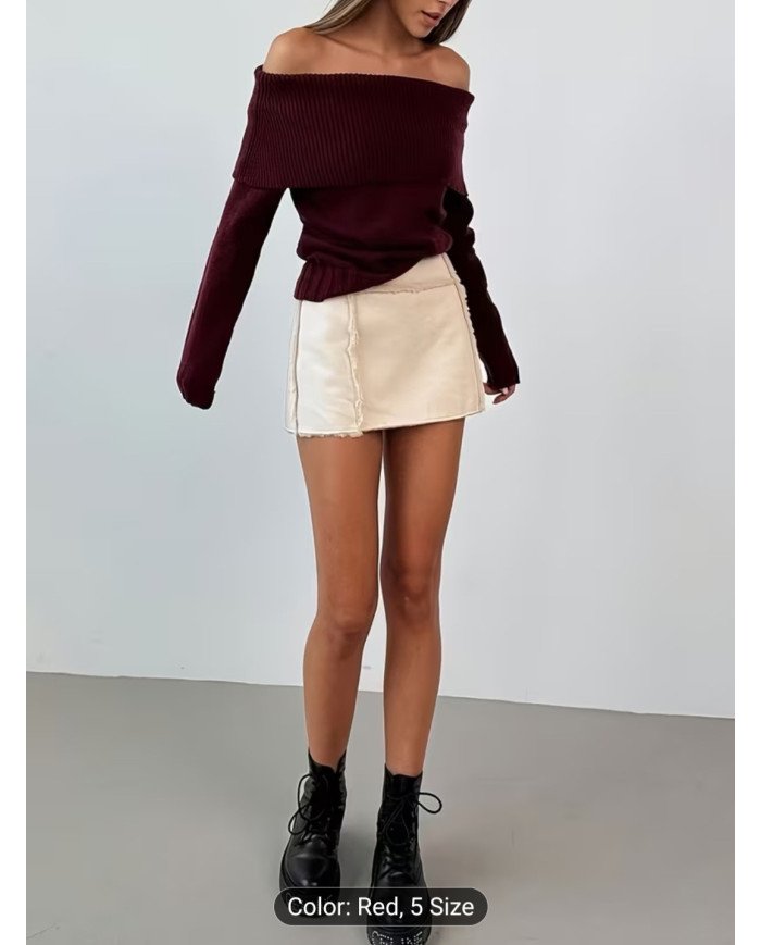 New Solid Color Off-Shoulder Ribbed Top for Women, Fitted And Stylish for Spring And Autumn