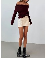 New Solid Color Off-Shoulder Ribbed Top for Women, Fitted And Stylish for Spring And Autumn