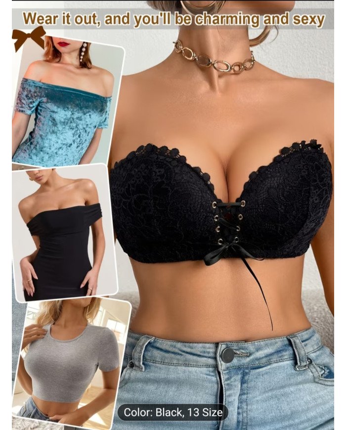 Summer Bandeau Lace Women'S Lingerie Strapless Push-Up Deep V Bra,