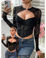 Valentine'S Day French Elegant Mature Style Black Fitted Long-Sleeve Top