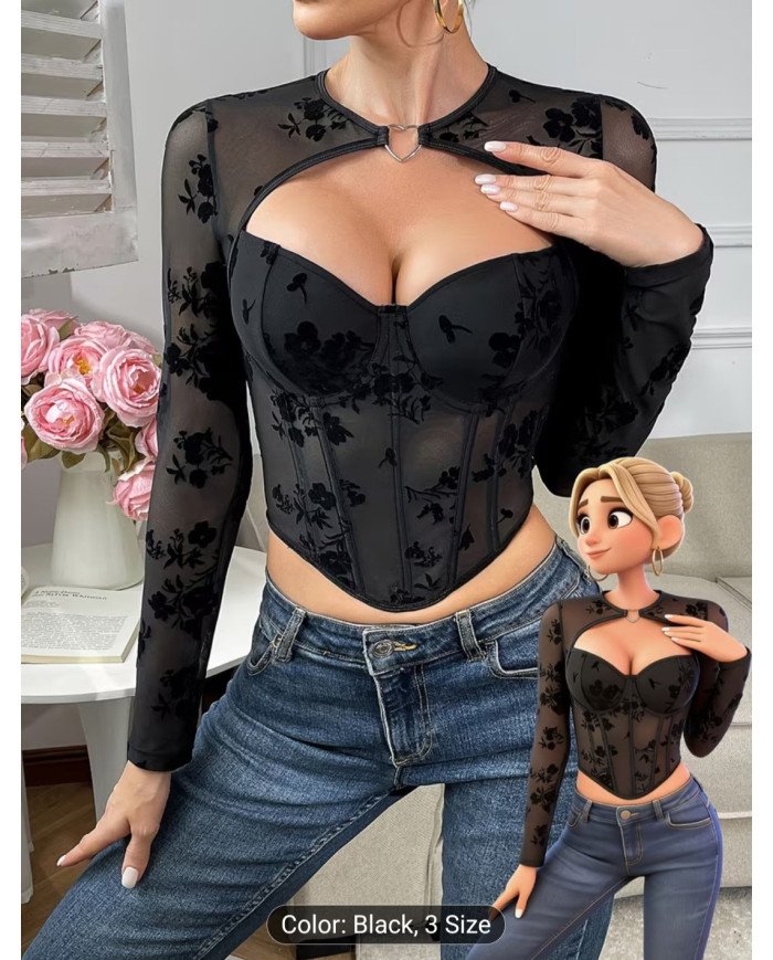 Valentine'S Day French Elegant Mature Style Black Fitted Long-Sleeve Top