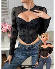 Valentine'S Day French Elegant Mature Style Black Fitted Long-Sleeve Top