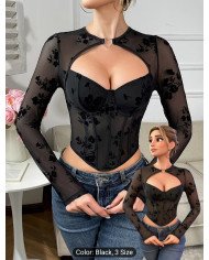 Valentine'S Day French Elegant Mature Style Black Fitted Long-Sleeve Top