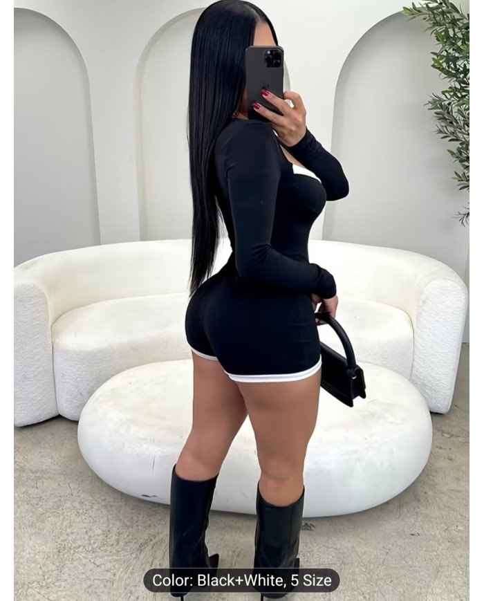 6152 Fashion Solid Color Color-Block Long Sleeve