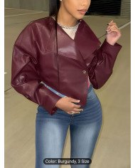 WLWXR Autumn Street Style Solid Color Slim Fit Coat V-neck Long Sleeve Button Asymmetric Cropped