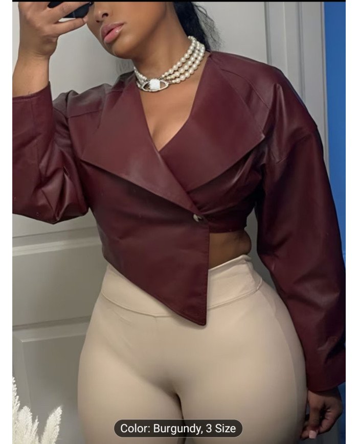 WLWXR Autumn Street Style Solid Color Slim Fit Coat V-neck Long Sleeve Button Asymmetric Cropped