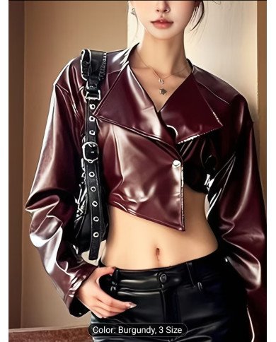 WLWXR Autumn Street Style Solid Color Slim Fit Coat V-neck Long Sleeve Button Asymmetric Cropped