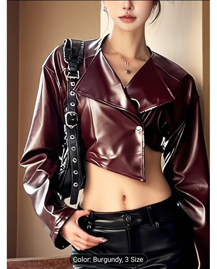 WLWXR Autumn Street Style Solid Color Slim Fit Coat V-neck Long Sleeve Button Asymmetric Cropped