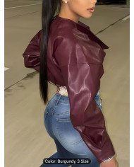 WLWXR Autumn Street Style Solid Color Slim Fit Coat V-neck Long Sleeve Button Asymmetric Cropped