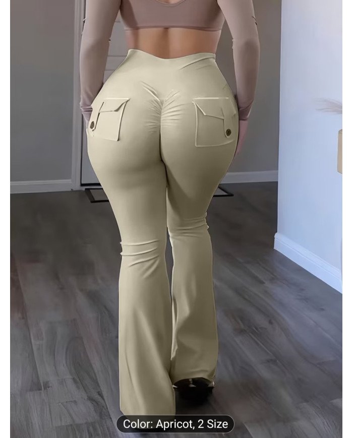 Women'S Classic High-Waisted Cargo Flared Pants, Featuring a Casual Design with Pleats at The