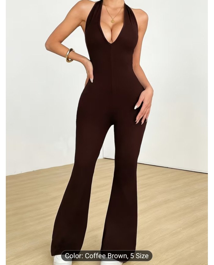 Deep V-neck Backless Strappy Long Jumpsuit, High-stretch Soft Comfortable