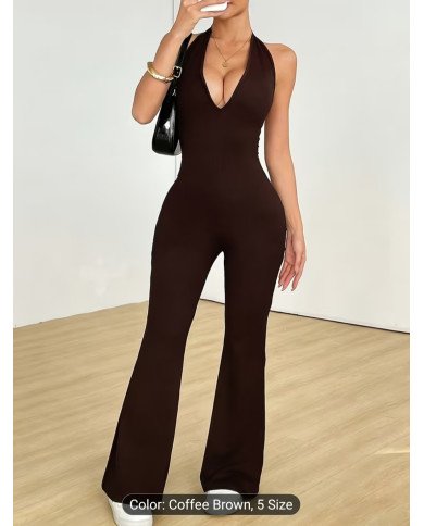 Deep V-neck Backless Strappy Long Jumpsuit, High-stretch Soft Comfortable