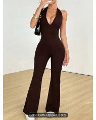 Deep V-neck Backless Strappy Long Jumpsuit, High-stretch Soft Comfortable