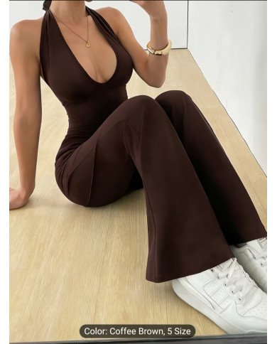 Deep V-neck Backless Strappy Long Jumpsuit, High-stretch Soft Comfortable