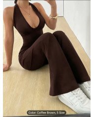 Deep V-neck Backless Strappy Long Jumpsuit, High-stretch Soft Comfortable