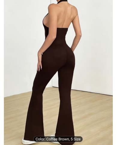 Deep V-neck Backless Strappy Long Jumpsuit, High-stretch Soft Comfortable