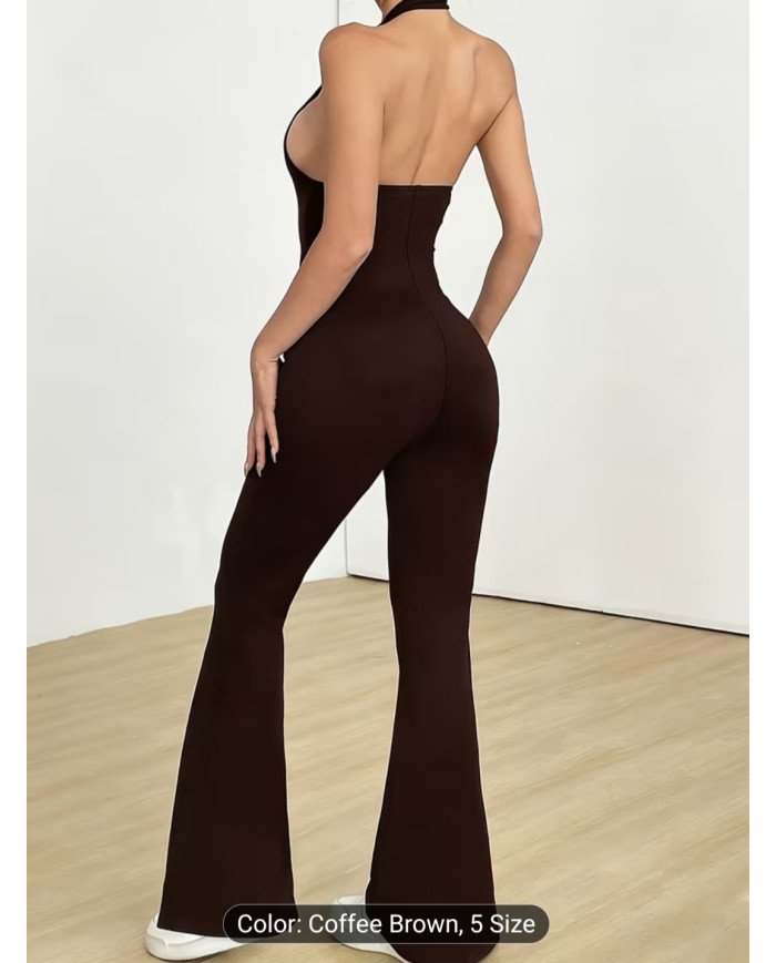 Deep V-neck Backless Strappy Long Jumpsuit, High-stretch Soft Comfortable