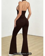 Deep V-neck Backless Strappy Long Jumpsuit, High-stretch Soft Comfortable