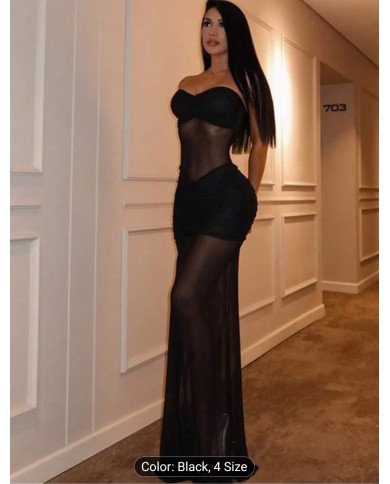 New Strapless Splicing Mesh Perspective Dress, Sexy Waist-cinching Bodycon