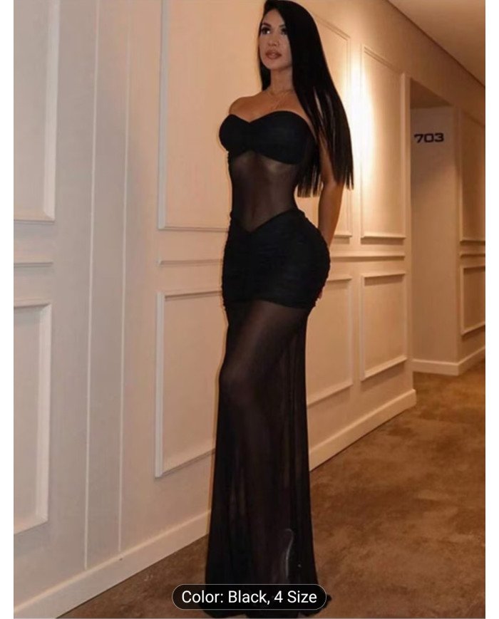 New Strapless Splicing Mesh Perspective Dress, Sexy Waist-cinching Bodycon