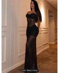 New Strapless Splicing Mesh Perspective Dress, Sexy Waist-cinching Bodycon