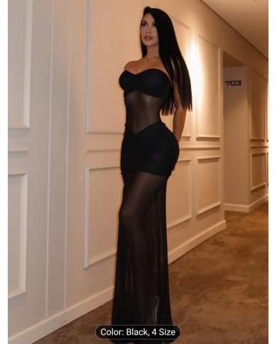 New Strapless Splicing Mesh Perspective Dress, Sexy Waist-cinching Bodycon