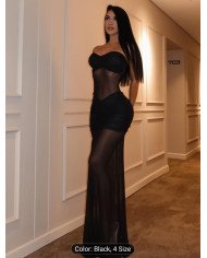 New Strapless Splicing Mesh Perspective Dress, Sexy Waist-cinching Bodycon