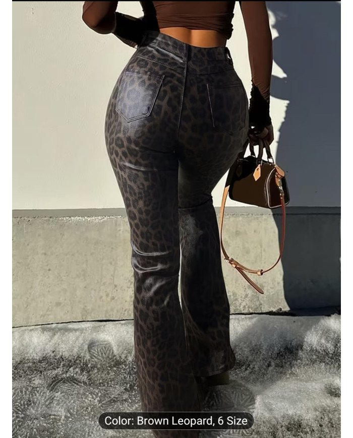 Women'S Street Fashion Brown Leopard Print Faux Leather Flared Pants,