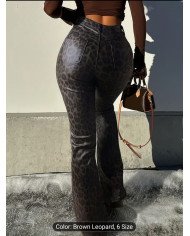 Women'S Street Fashion Brown Leopard Print Faux Leather Flared Pants,