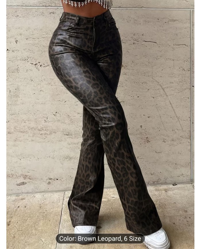 Women'S Street Fashion Brown Leopard Print Faux Leather Flared Pants,