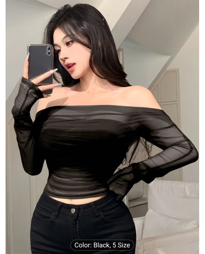 Women's Stretch Mesh Off-shoulder Top, Sexy Slim-fit Top. Suitable for